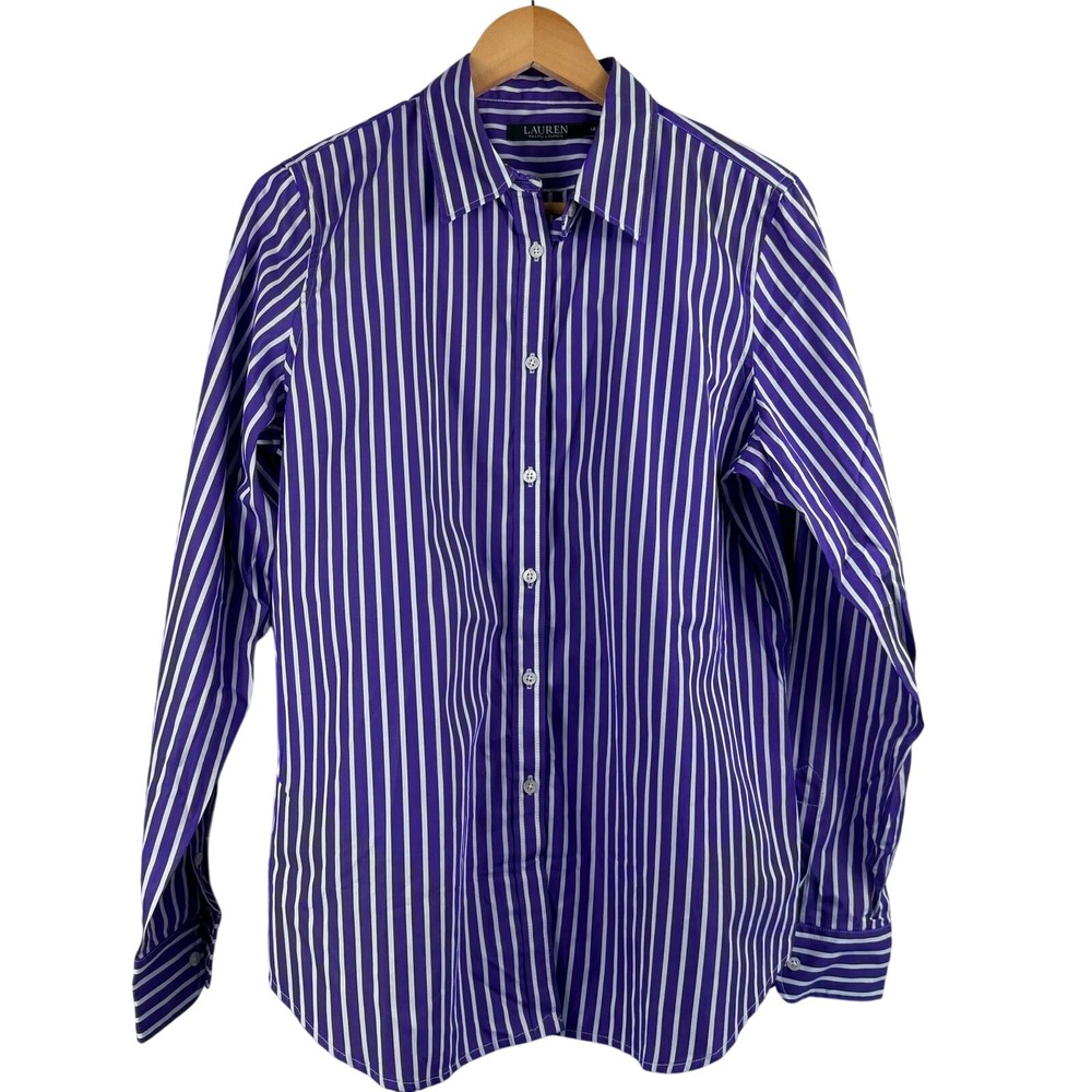 Lauren Ralph Lauren Purple Striped Button Down Shirt 12 Preppy Office Classic - Picture 2 of 8